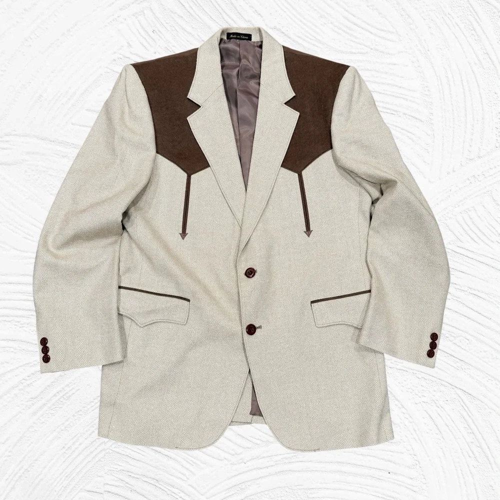 Circle S Dallas Cream Western Silk Herringbone Blazer 40R Rockabilly